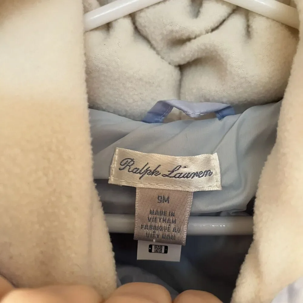 Ralph Lauren Pale Blue Hooded Down Puffer Jacket Baby Boys Size 9 Months